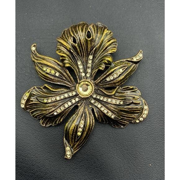 Vintage Large Enameled Orchid Flower Brooch Pin or Pendant Sparkling Rhinestones - Picture 1 of 4